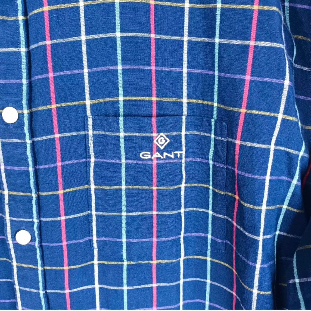 NWOT Gant Mens Regular Fit Blue Check Linen Blend Size XL (fits US L) Shirt